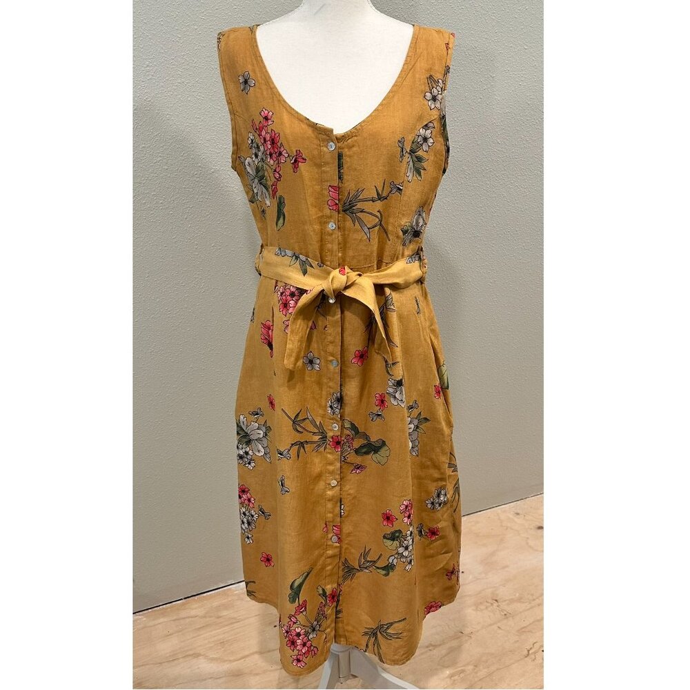 Linen Mustard Floral Button-Front Tie-Waist Dress